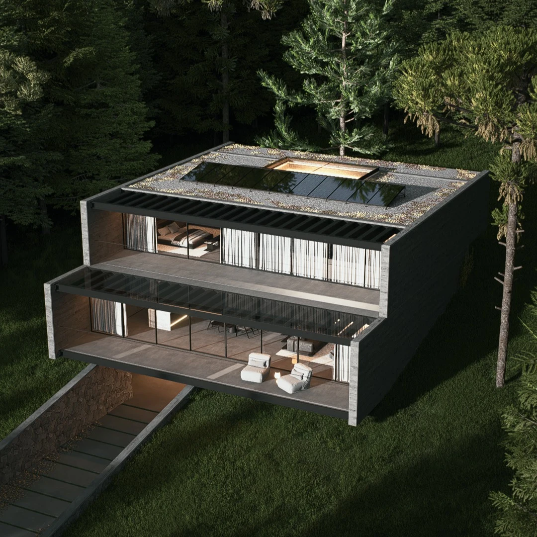 Perspectiva de residência contemporânea entre árvores