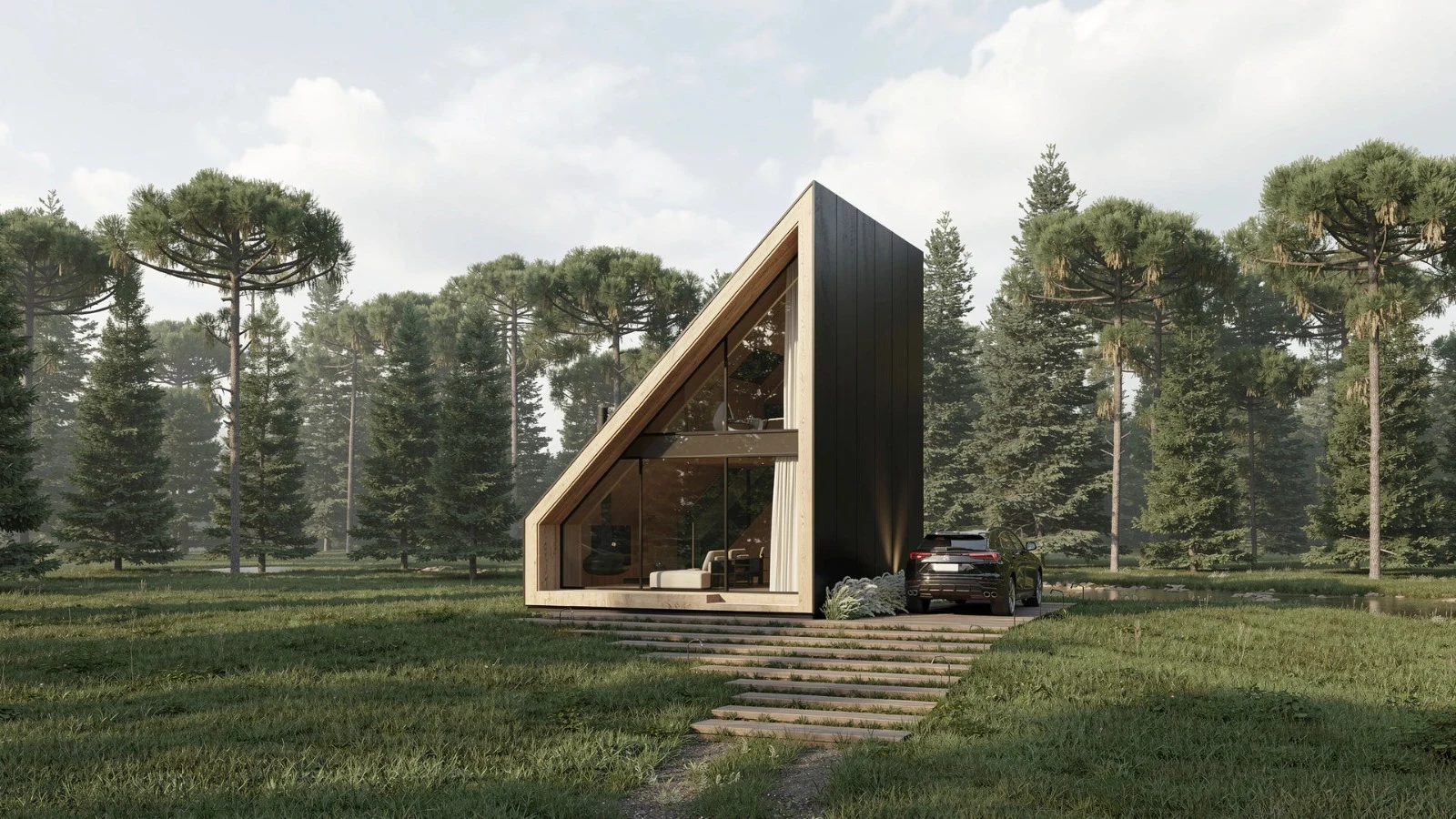 Projeto de cabana contemporânea em madeira em meio à natureza